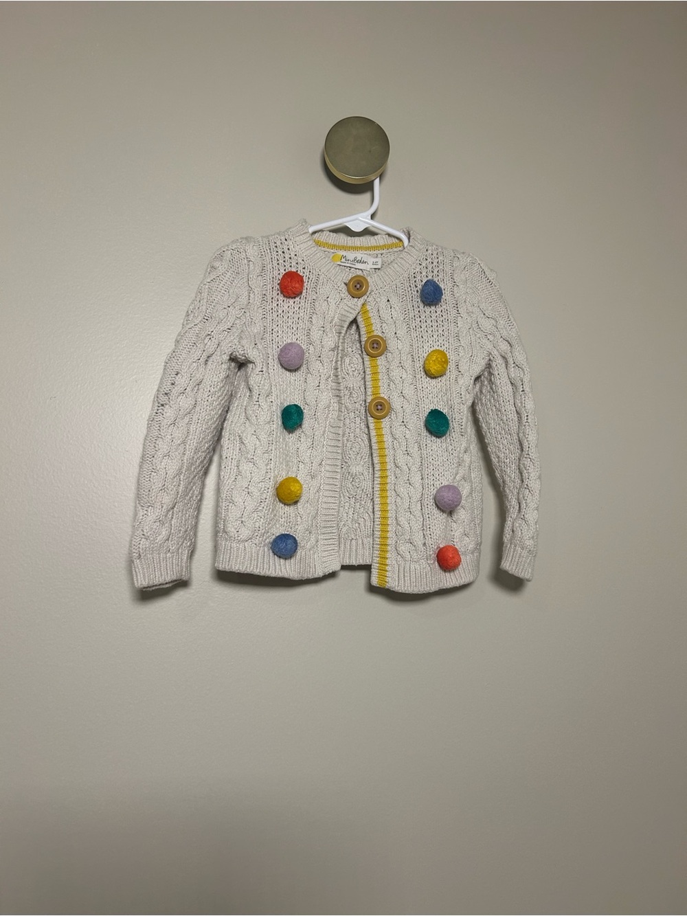 Mini Boden Cream Cable-Knit Cardigan with Multicolor Pom-Poms